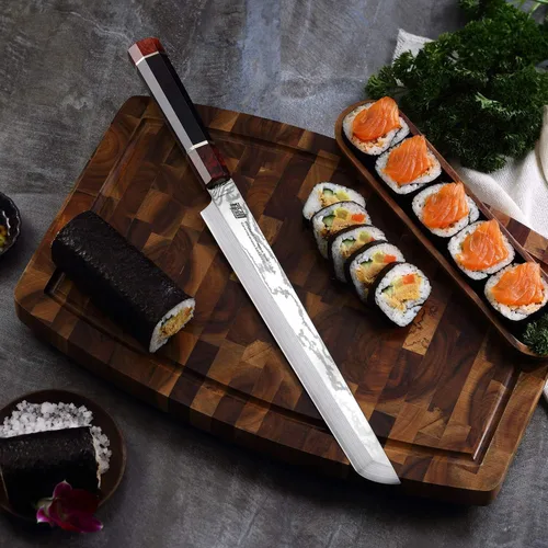 Vista 4 de Cuchillo Sakimaru de la Serie Prestige con Funda de Nogal, Hoja de Acero Damasco Japonés SKD11, Mango Octagonal de Madera de Ébano, Cuchillo