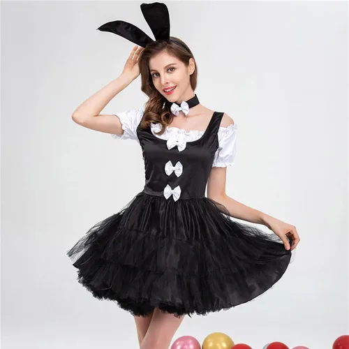 Vista 2 de DSODAN Women Casual Fashion Retro Gothic Bunny Dress Round Neck Dress Mini Mesh Dress