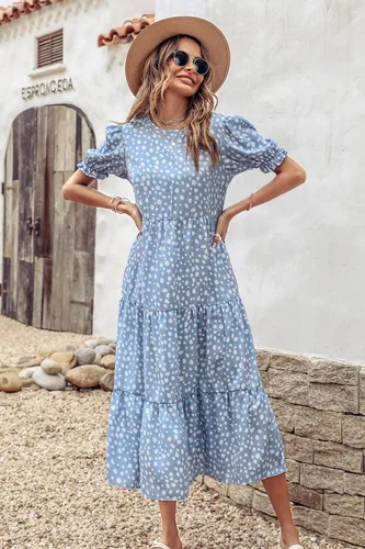 Vista 6 de PRETTYGARDEN - Vestido para mujer, estilo veraniego, bohemio y casual, con manga corta, estampado floral y volantes, fluido, largo por debajo