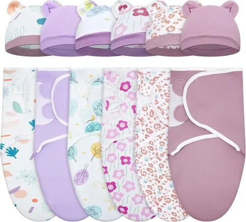 Vista 27 de Ramede Paquete de 6 mantas para envolver con sombreros para bebé, niña y niño, mantas de algodón 100%, de 0 a 3 meses, ajustable, transpirable