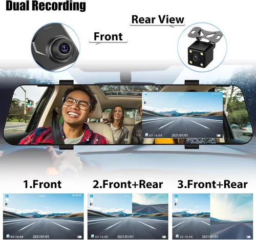 Vista 6 de Cámara de salpicadero de espejo para automóviles, espejo retrovisor de 4.5 pulgadas, 1080P cámaras duales de visión frontal y trasera, súper visión