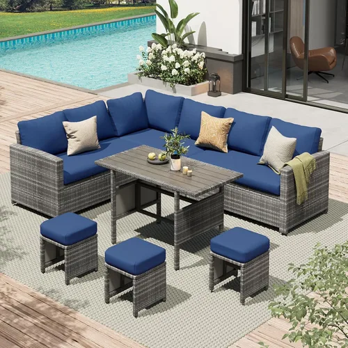Vista 15 de AECOJOY Juego de muebles de patio al aire libre, 7 piezas de mesa de comedor y sillas seccionales de ratán, sofá de conversación de mimbre para todo
