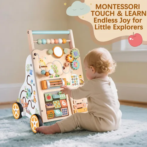 Vista 7 de Andador de madera para bebés, Montessori Push Walker para niños pequeños que aprenden el descubrimiento Multicolor