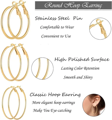 Vista 2 de Juego de 6 pares de aretes de aro chapados en oro de acero inoxidable para mujeres y niñas aros hipoalergénicos para mujer 304050in Acero inoxidable