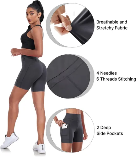 Vista 4 de ChinFun - Shorts de yoga para mujer, de talle alto con control de abdomen, estiramiento en 4 direcciones, bolsillos laterales, para entrenamiento
