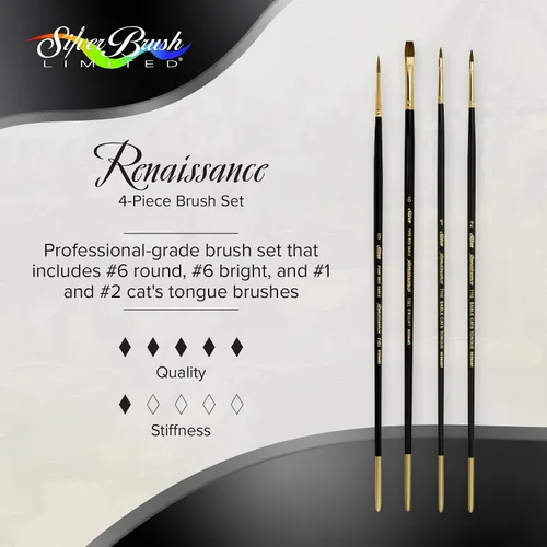 Vista 2 de Silver Brush Limited RN-7172 Renaissance Basic Starter Pro - Juego de 4 pinceles profesionales de mango largo rojo para óleo, acrílico, gouache
