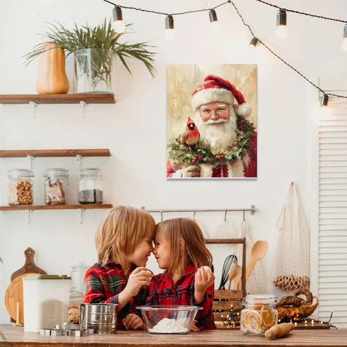 Vista 4 de Qabliqo Arte de pared enmarcado con diseño cardenal de Papá Noel, decoración rústica de pared de Navidad, vacaciones de invierno, póster de lienzo