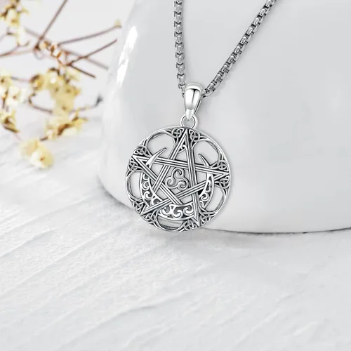Vista 61 de Collar de pentagrama de plata de ley con triple luna, diosa celta, nudo celta, nudo de brujas, Ankh, sol y luna, Hécate, lilith, Santa Muerte