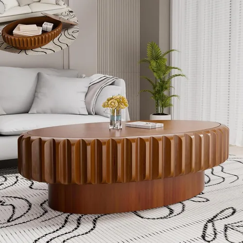 Vista 10 de Mesa auxiliar ovalada con almacenamiento, mesa de centro moderna acanalada de 43.3 pulgadas con tapa extraíble para sala de estar, mesa central