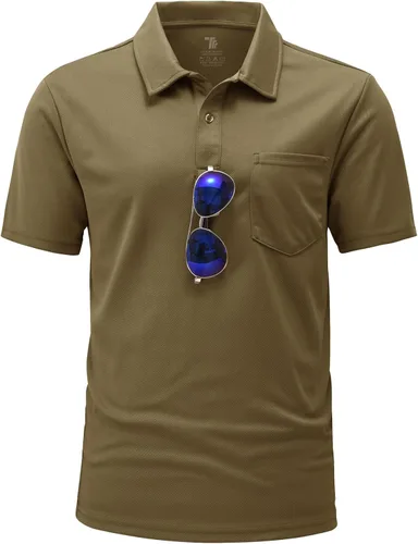 Vista 18 de BGOWATU Polo de golf para hombre, manga corta, cuello para tenis al aire libre Verde militar