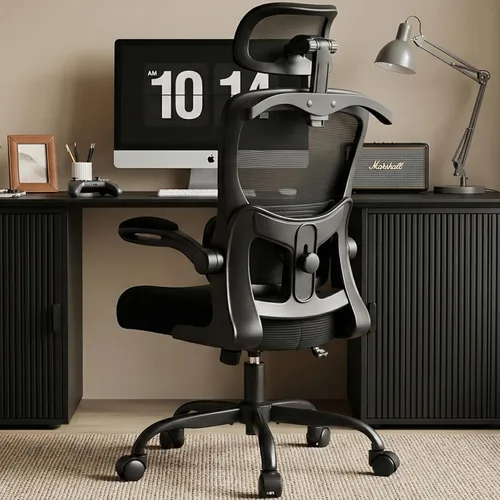 Vista 13 de AreShark Silla de Oficina Ergonómica con Soporte Lumbar Ajustable y Gancho para Respaldo, Silla de Malla Transpirable con Respaldo Alto y Ruedas