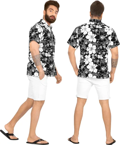 Vista 4 de LA LEELA Camisa de verano para hombre, estilo festivo, con botones, estilo hawaiano, Aloha, fiesta, manga corta, camisa de playa para vacaciones