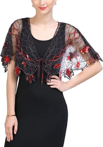 Vista 22 de Chales envolventes para mujer de los años 1920 con lentejuelas y cuentas, chales nupciales estilo flapper, capa de noche A #. Estilo 2-negro y dorado