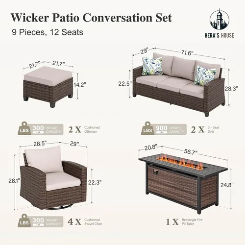 Vista 82 de HERA'S HOUSE - Juego de muebles para patio con mesa para fogata, muebles de mimbre para exteriores, sofá de conversación con asientos profundos
