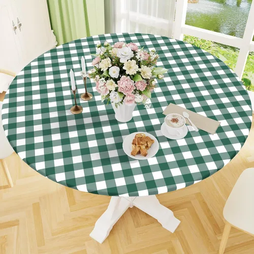 Vista 22 de Smiry - Mantel redondo de picnic de vinilo elástico impermeable con respaldo de franela, mantel de vinilo ajustable para mesas de 31-35 pulgadas