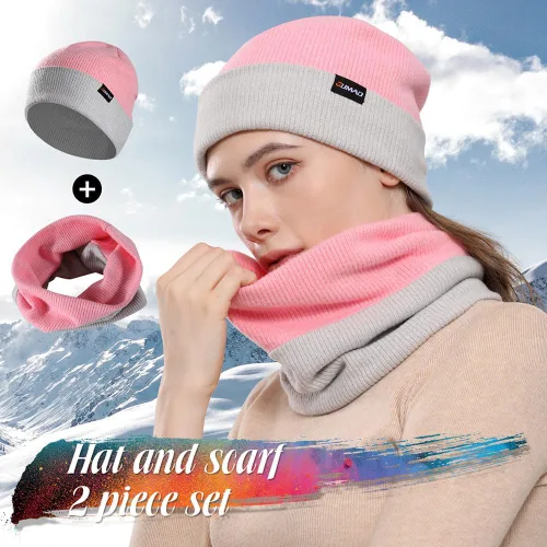 Vista 2 de WTACTFUL Conjunto de gorro holgado de invierno y bufanda térmica de doble capa, para hombres y mujeres, esquí, snowboard, al aire libre
