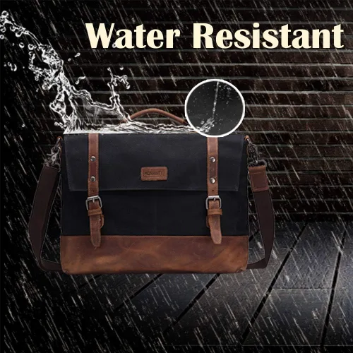 Vista 2 de Bolsa de mensajero para portátil de 15.6 pulgadas para hombres, lona encerada, vintage, de cuero, maletín de negocios, bolsas de hombro impermeables