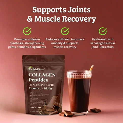 Vista 3 de Colágeno en polvo de chocolate. Colágeno con ácido hialurónico y vitamina C. Péptidos de colágeno de chocolate en polvo. Colágeno con vitamina C
