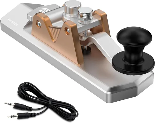 Vista 7 de Mini CW Key Morse Radio HAM Big Double Paddle Código Morse Llave Cuerpo de aleación de aluminio con base de altavoz Gris
