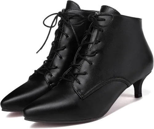 Vista 2 de SEIFIN Botines con cordones para mujer, tacón bajo y medio, con cremallera lateral, botines cortos con puntera puntiaguda