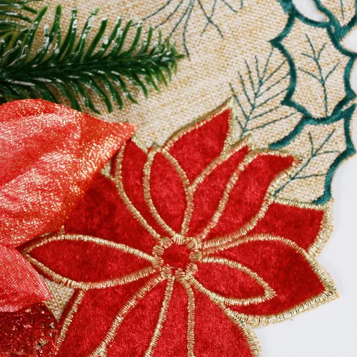 Vista 6 de OWENIE Juego de 4 manteles individuales redondos de flor de pascua de Navidad, bordados, con apliques bordados, manteles individuales de lino