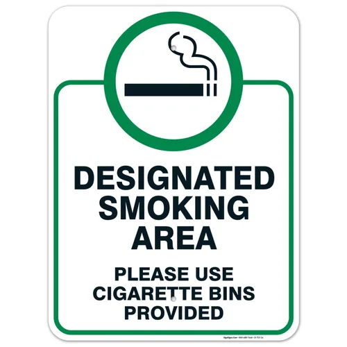 Vista 10 de Letrero designado para zona de fumar, letrero con texto en inglés "Please Use Cigarrette Bins Sign", 10 x 7 pulgadas, libre de óxido, aluminio 040