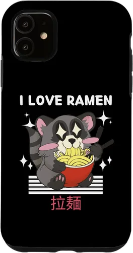 Vista 8 de iPhone 16 I Love Ramen Cute Kawaii Raccoon Eats Ramen Japanese Anime Case