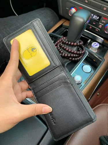 Vista 2 de Cartera delgada de cuero para hombre, billetera pequeña con bolsillo frontal con bloqueo RFID, ventana de identificación