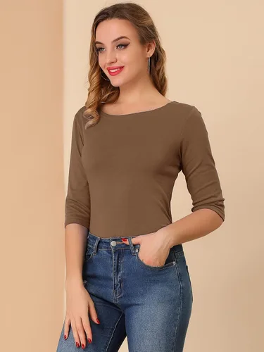 Vista 4 de Allegra K Camisetas casuales con cuello redondo y manga de codo para mujer, blusas ajustadas a la moda