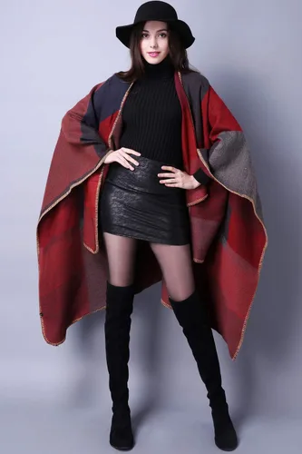 Vista 2 de Chal de punto para mujer, a cuadros, con parte delantera abierta, tipo poncho, tipo capa envolvente