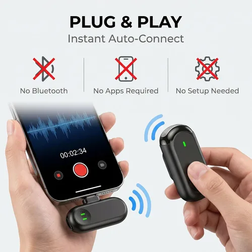 Vista 10 de Mini micrófono inalámbrico para iPhone Android, mini micrófono para grabación de video, micrófono profesional de solapa Plug & Play con reducción