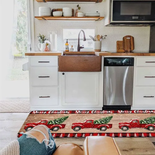 Vista 5 de Juego de 2 alfombras de cocina con camión rojo, árbol de Navidad rojo sobre tablero de madera retro, antideslizante, cómodo, tapete de pie