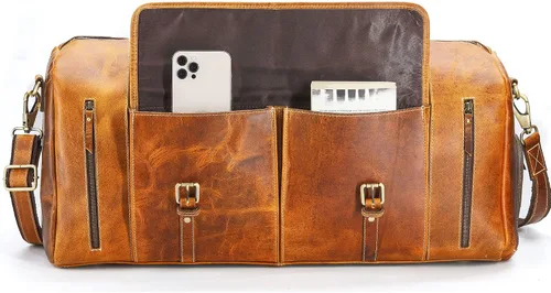 Vista 4 de KomalC Bolsas de lona de cuero para hombres y mujeres de grano completo de viaje durante la noche, fin de semana, bolsas de cuero para deportes