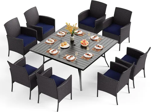 Vista 9 de PHI VILLA Juego de comedor al aire libre de 5 piezas para 4, mesa de comedor cuadrada de metal y sillas de mimbre de ratán con cojines, muebles