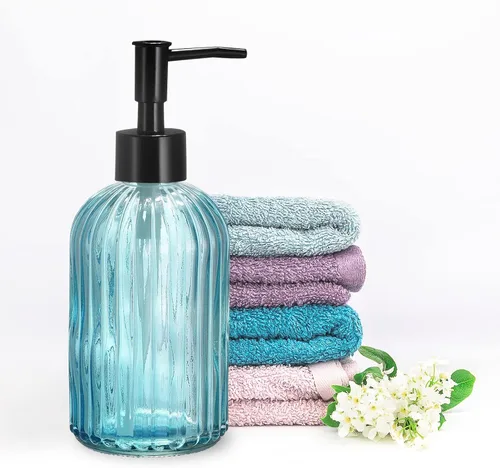 Vista 4 de uxcell Dispensador de jabón – Dispensador de jabón de manos de vidrio de 13.5 onzas con bomba negra para cocina y baño, color azul