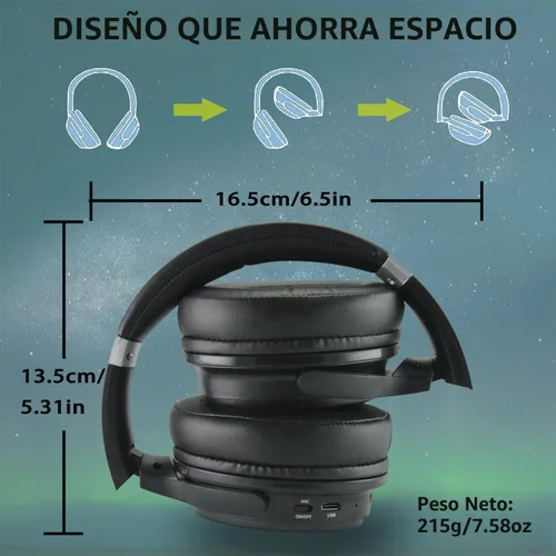 Vista 7 de EXMAX H5 Auriculares Bluetooth sobre la oreja ANC estéreo de alta fidelidad inalámbricos/con cable + micrófono plegables cómodos orejeras
