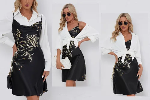 Vista 6 de Litherday Camisón de satén para mujer, con cuello redondo, de seda, suave, sexy, ropa de dormir corta con correa ajustable