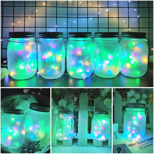 Vista 5 de SmilingTown Guirnalda de luces solares para tarros de masón, paquete de 12 unidades, 30 luces LED de luciérnaga con 12 perchas impermeables