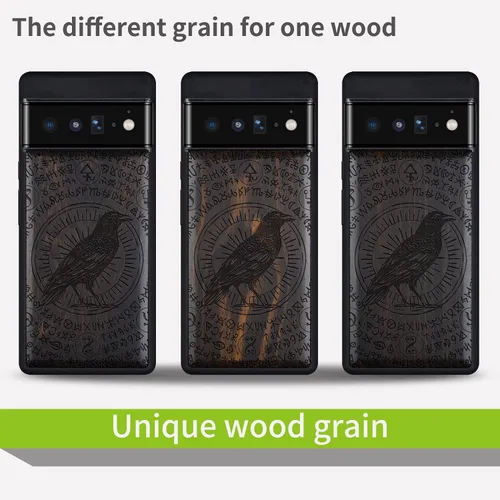 Vista 7 de Carveit Funda de madera para Pixel 6 Pro [madera natural y TPU suave negro] a prueba de golpes, funda de madera única compatible con Google Pixel 6