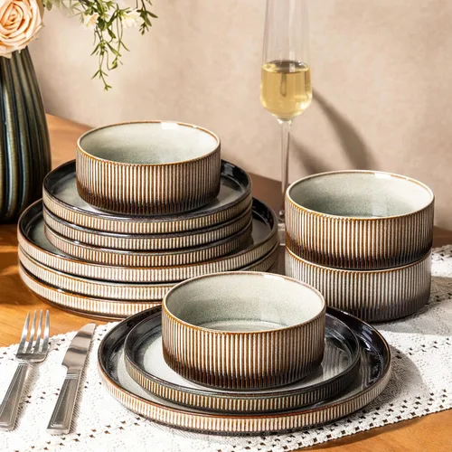 Vista 41 de GBHOME Stoneware Dinnerware Sets for 4, 12-Piece Plates and Bowls Set