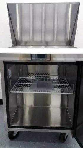 Vista 5 de Mesa de preparación de ensalada refrigerada de acero inoxidable comercial de 27.5 pulgadas, todas las sartenes y tabla de cortar incluidas