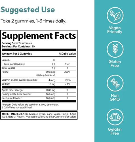 Vista 6 de Justified Laboratories Keto Genesis Keto ACV Gummies Extreme (2000 mg) - 60 unidades - Formuladas con vinagre de sidra de manzana, folato y vitamina