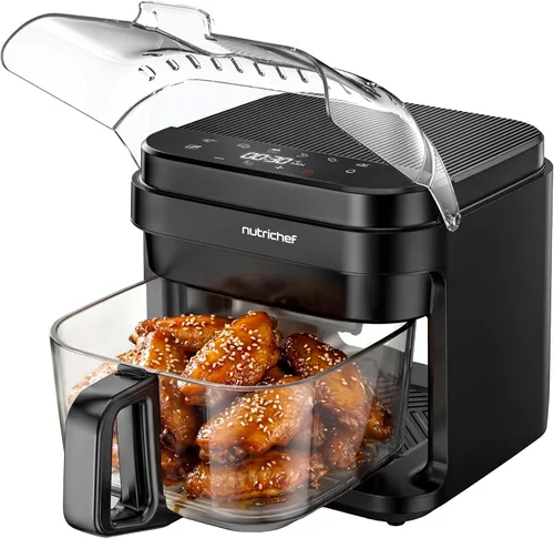 Vista 9 de NutriChef Freidora de aire de 5.8 cuartos de galón, freidora de aire de vidrio con preajustes digitales 8 en 1, diseño de freidora de acero Blanco