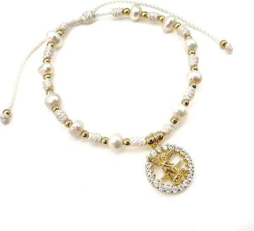 Vista 5 de Medalla colgante de arcángel de San Miguel en cordón ajustable de marfil y perlas de agua dulce pulsera ajustable