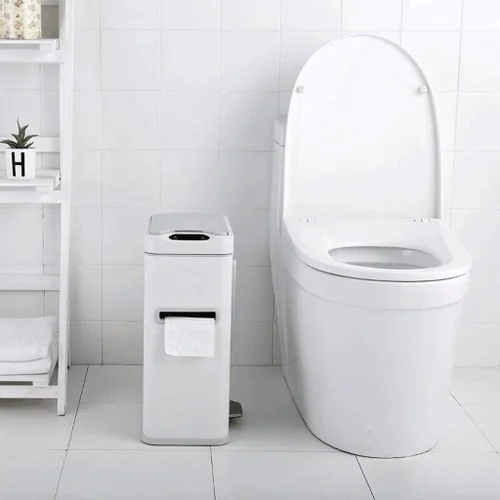 Vista 7 de Botes de basura de acero inoxidable de apertura automática, capacidad de 1.8 galones, trae tu propio soporte de pañuelos, cesta de basura para Blanco