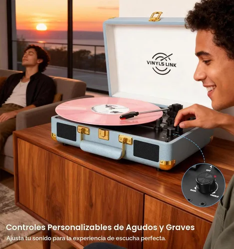 Vista 8 de VINYLSLINK - Tocadiscos de vinilo Bluetooth, tocadiscos portátil de 3 velocidades con control de agudos y graves, altavoces estéreo integrados Azul