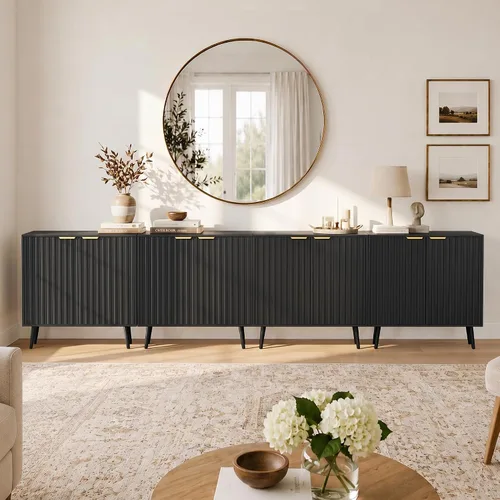 Vista 15 de Vrullu Gabinete de Almacenamiento Moderno, Gabinete de Buffet Independiente, Aparador Negro y Almacenamiento de Buffet, Muebles de Acento de Madera