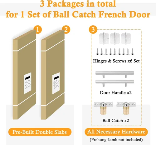 Vista 3 de Puertas francesas con cierre de bola de 36 x 80 pulgadas, 3 paneles de vidrio esmerilado de núcleo sólido preacabadas y pintables puertas dobles