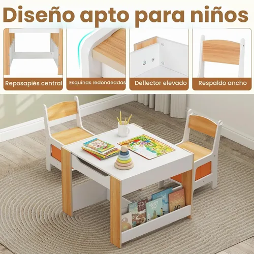 Vista 8 de INFANS Juego de Mesa y Silla para Niños, Escritorio de Actividades de Madera de Bloques de Construcción 4 en 1 con Superficie Reversible, Cajones