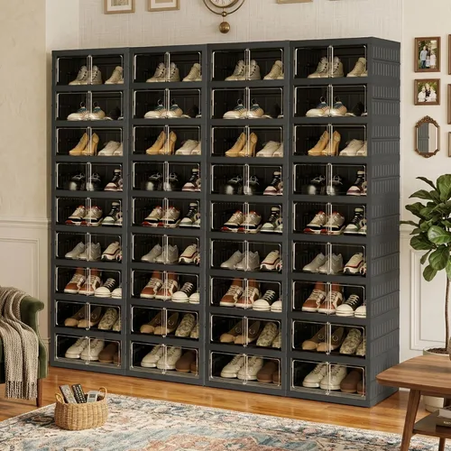 Vista 22 de Organizador de Zapatos Plegable Caja de Almacenamiento, Estante de Zapatos Plegable Portátil Extra Grande para Closet, Caja de Almacenamiento